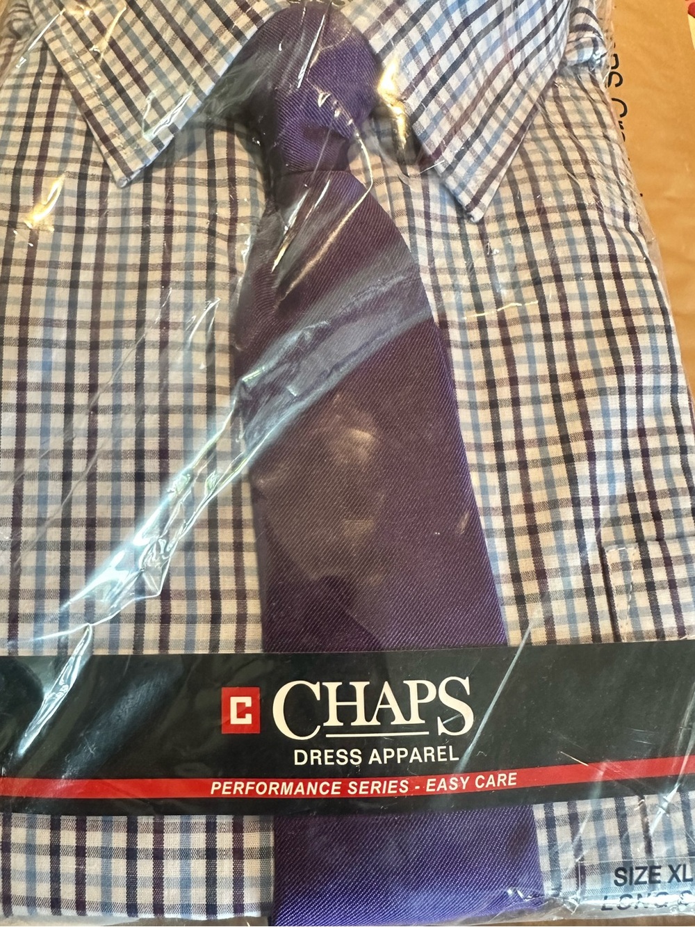 Chaps Navy and White Check Dress Shirt with Solid Navy Tie
